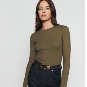 REFORMATION Davy Long Sleeve Crewneck Tee - Olive Green - Size S